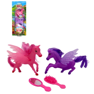 deux poneys un violet et un rose avec une brosse et un miroir 
