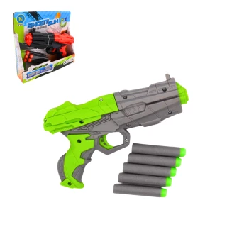 PISTOLET FLECHES EN MOUSSE 18CM 2 COULEURS ASSORTIES